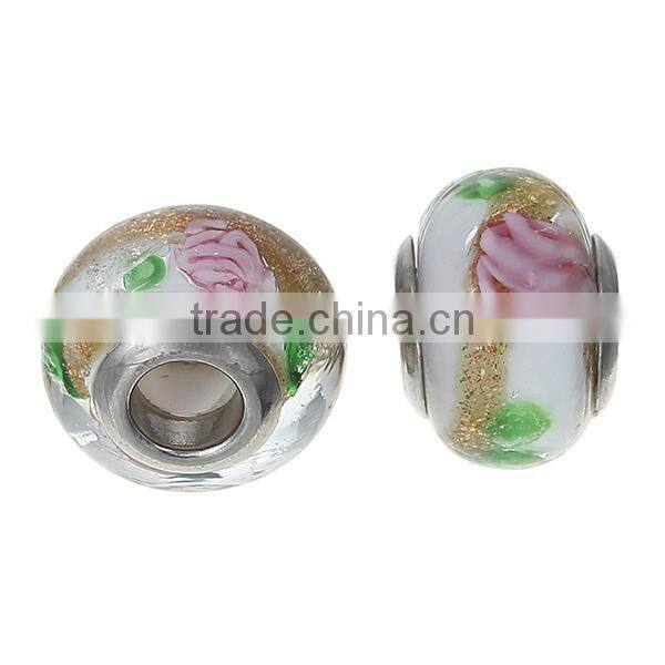 Lampwork Glass European Style Large Hole Beads Round Multicolor Flower With 304 Stainless Steel Silver Tone Core
