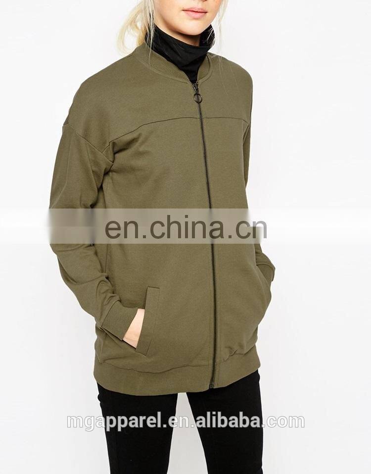 China custom bomber jacket long line cut cotton jersey women long bomber jacket
