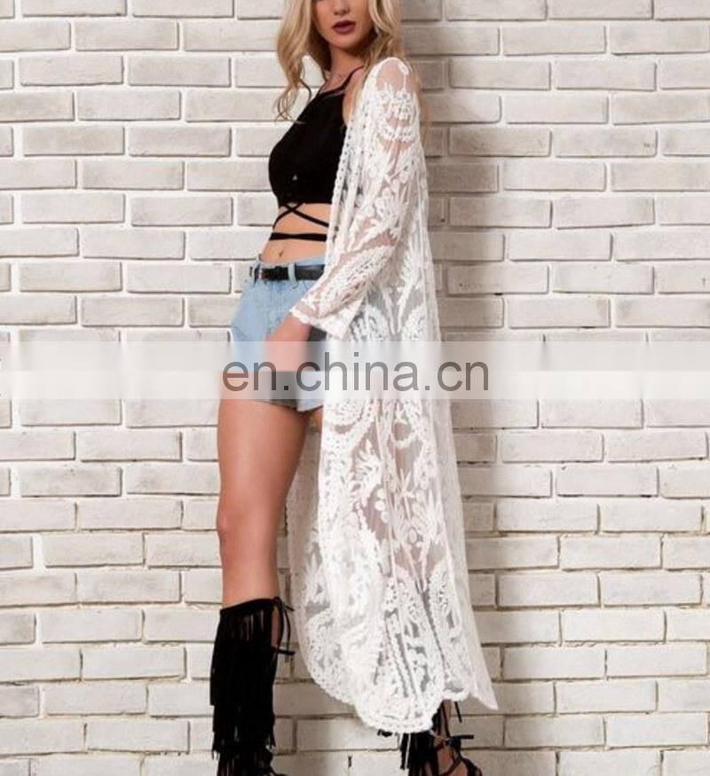 Sexy See Through Three Quarter Sleeve Long Kimono Cardigan Plus Size Women Beachwear Tops And Blouse Shirts Lace Pareo