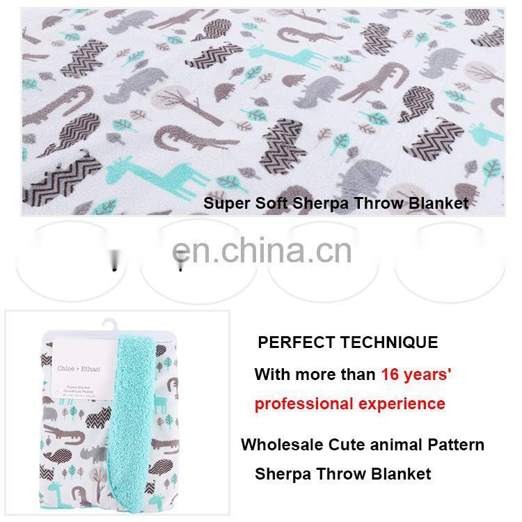 Custom Lightweight Cute Animal Printed Minky Sherpa Throw Double Sides Baby Blankets For Winter