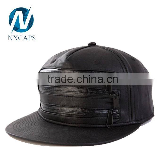 Guangzhou Factory Import Hat Wholesale Custom Leather Fashion Snapback Hat With Metal Zipper