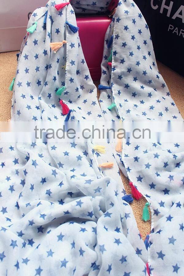 Hot Selling Korean Navy Star Printed Colorful Tassels Fashion Ladies Scarf