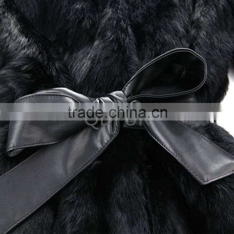 Lady Winter Long Genuine Natural Rabbit Coat with Hoodied D0021