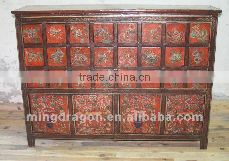 Chinese antique furniture pine wood red Tibet medicine cabinet