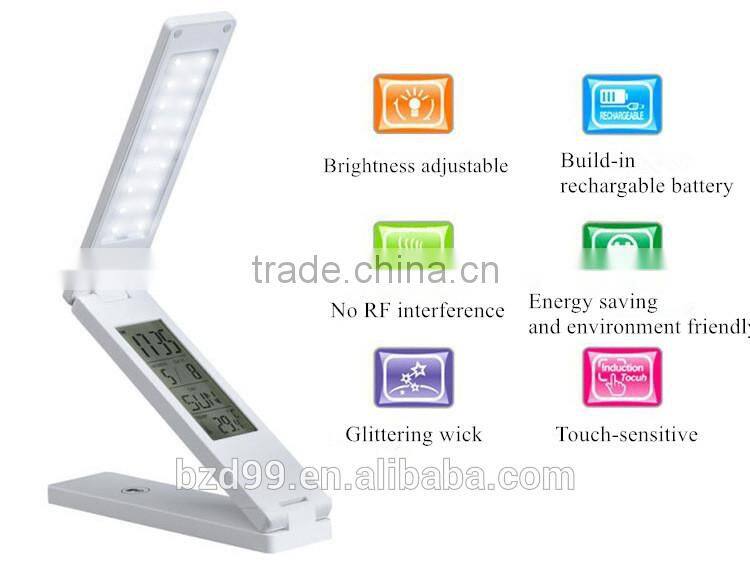 Fashionable USB Port Recgargeable Flexible Folding LED Table Lamp with Calendar Timer Temprature and Alarm Clock Functions