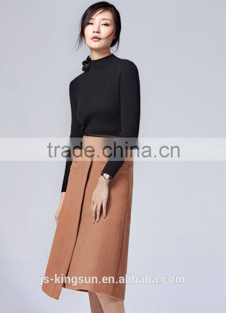 JS-11015B one slit pure color high neck latest design sweater women