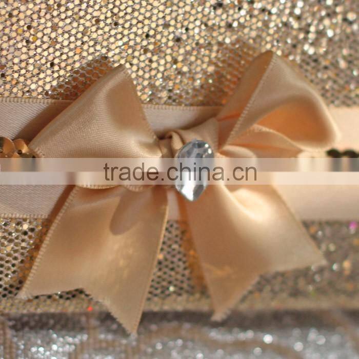 Hot sale attractive golden hardcover folded wedding invitations with paillette ribbons bowkont & crystal decoration