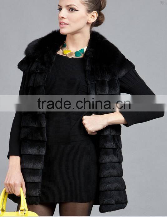 rex14058 new style fashion women rabbit fur vest black
