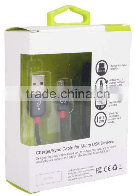 walnut 2m length black micro USB cable for universal phone
