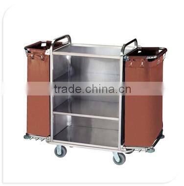 stainless steel like wood brown color hotel guest room service cart high quality cleaning trolley sign bag