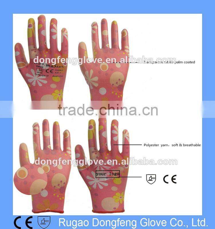 Polyester Printing Transparent Nitrile Coated Gardening Gloves