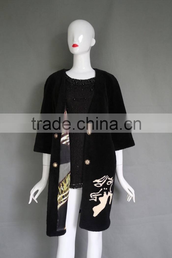 Hot sale embroidery medium sleeve women long overcoat shearing sheep fur coat parka with real lamb fur