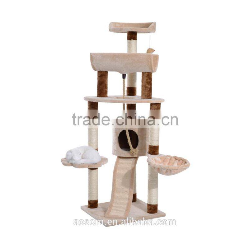 Pawhut 57" Beige/Brown Cat Tree Scratching Post Tower