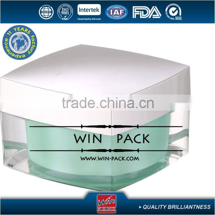 50g green color top material square plastic jar, acrylic cream bottle,with shiny silver cap
