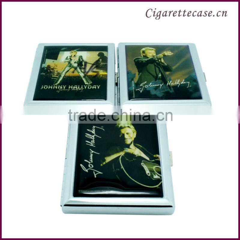 fancy design Metal chormed cigarette case with sticker logo stainless cigarette case with clip