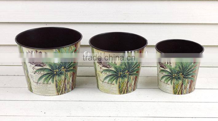 2016 Hot Sale s/3 paper decal planter metal coconut flower pot