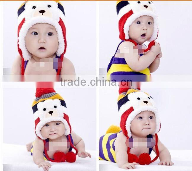 Crochet Baby Hat Stripe Pattern Cartoon Bear Design Thicken Kids Winter Caps