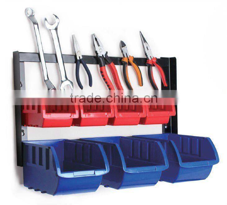 7 bin storage rack,7plastic storage bin kit and tool holder ,7pcs wall mounted Storage Bin rack with Magnetic strip (202718)