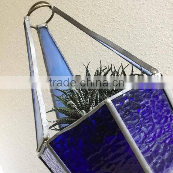 Mid Century Modern Leaded Large Vintage Teardrop Hanging Stained Glass Geometric Teardrop Shape Plant Holder Terrarium