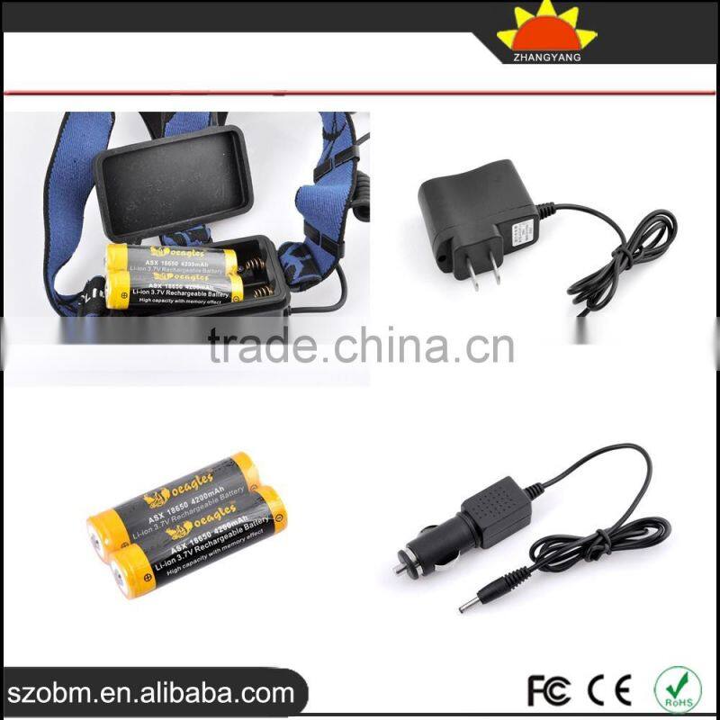 Wholesale high quality XML T6 LED 2000 Lm Remote control Rechargeable Headlamp with 18650 Battery, charger and car charger