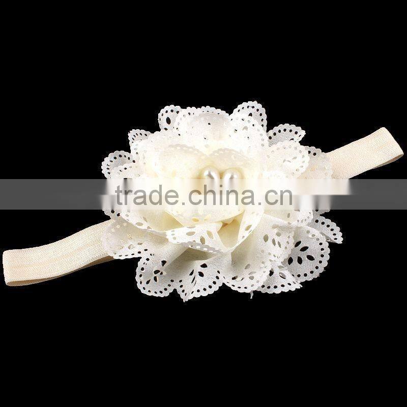 handmade fabric flower headband with pearl center for kids hair accessories
