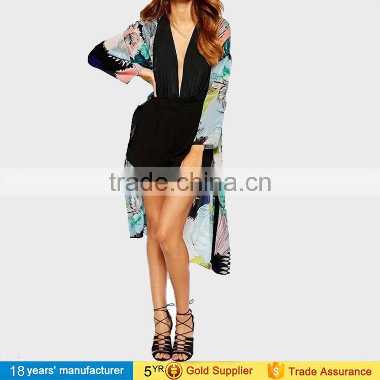 Women summer loose blusa tops outwear long sleeve plus size bohemian floral printed long chiffon open front kimono cardigan