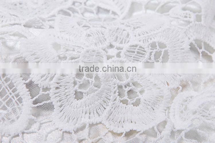 High collar long sleeve Knee length white lace dress