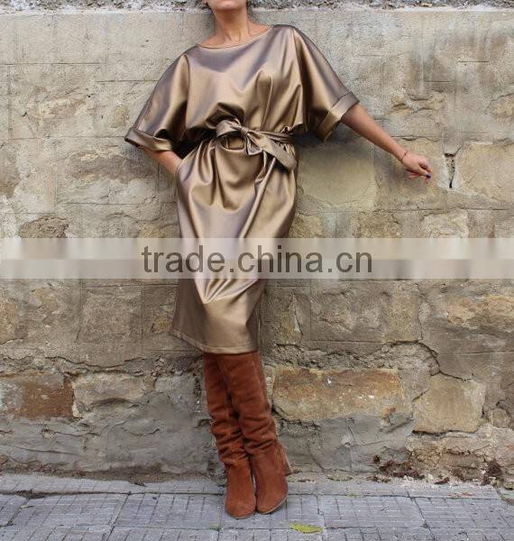 2017 Gold Metallic Fabric Evening Cocktail Dress For Fat Women Plus Size Leather Dress HSD5978