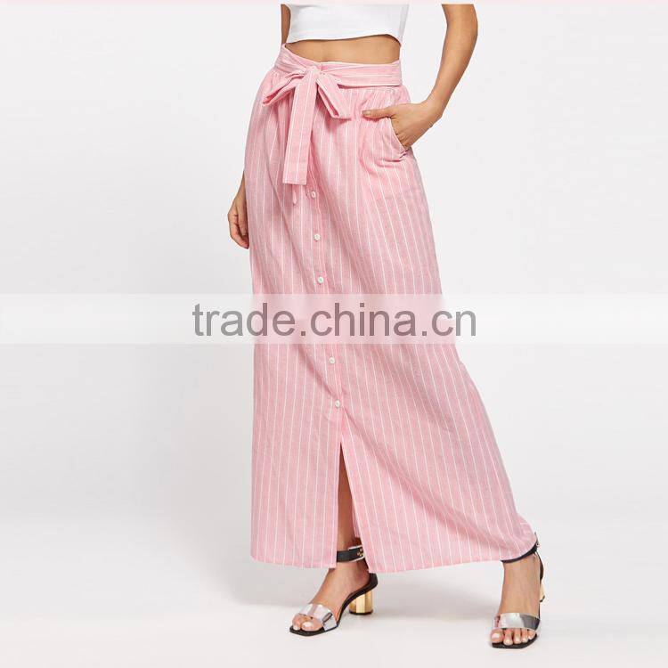 New Arrival Fashion Design Belted Button Up Pinstripe Skirt Women High Waist A Line Maxi Skirt