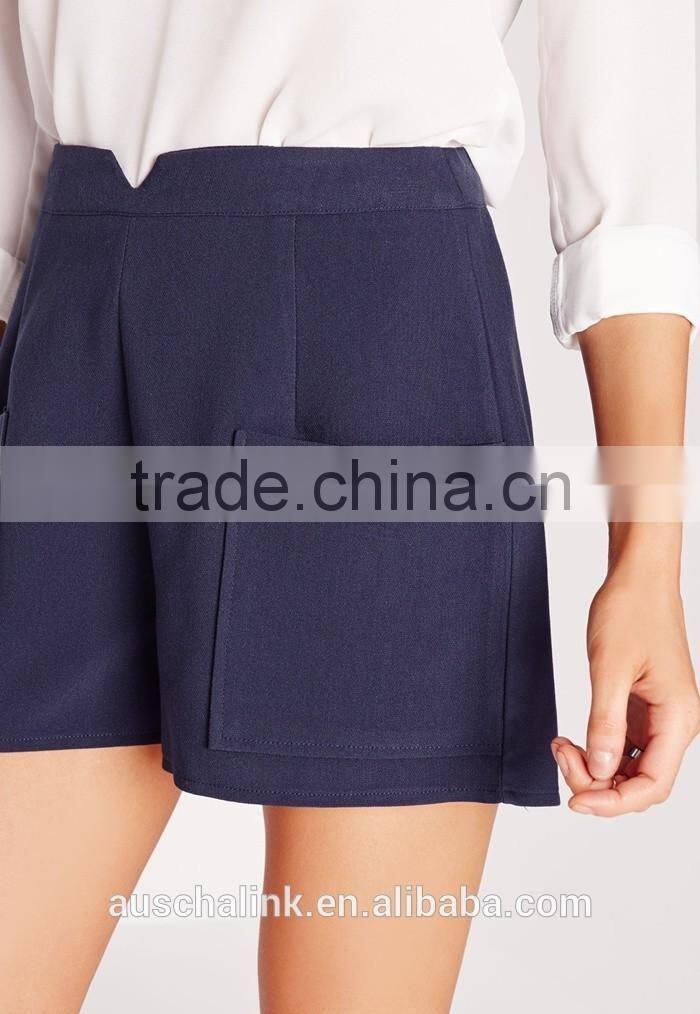 new style women fancy navy high waist pocket tailored shorts