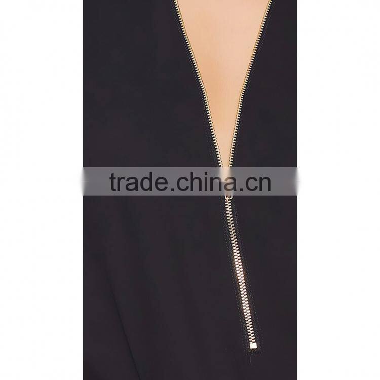 HAODUOYI Fashion Soild Black Sleeveless Women T-shirt Deep V-neck Metal Zipper Brief Casual Ladies Tops for Wholesale