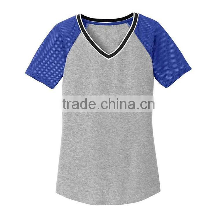 Bulk women slim fit 100 polyester mesh sleeve v neck wholesale t shirts