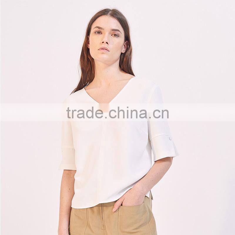Women's loose fit V neck press studs on short slited sleeves tank blouse