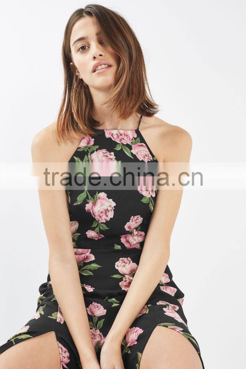 Floral print high neck midi dress with low back and strappy detail
