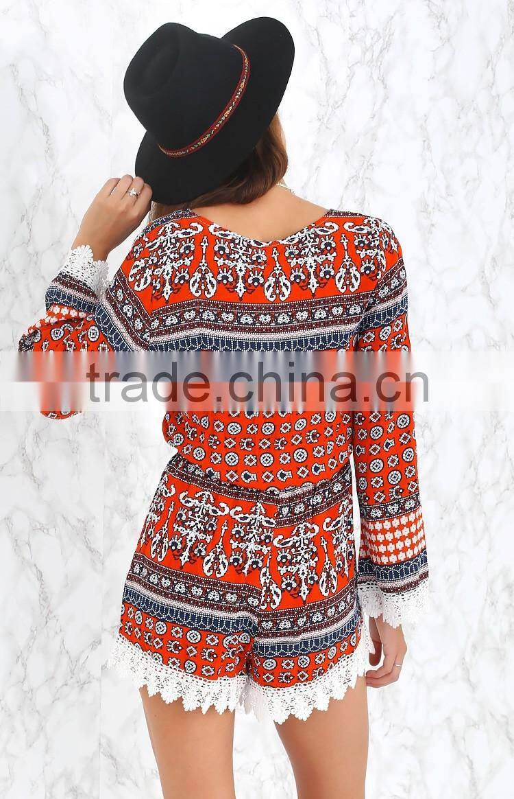 lace hem decorate printing long sleeve jumpsuits for women 2015