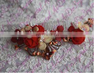 Aidocrystal marsala burgundy hair accessory red floral hair comb hair flower with leaves wedding fascinators for women
