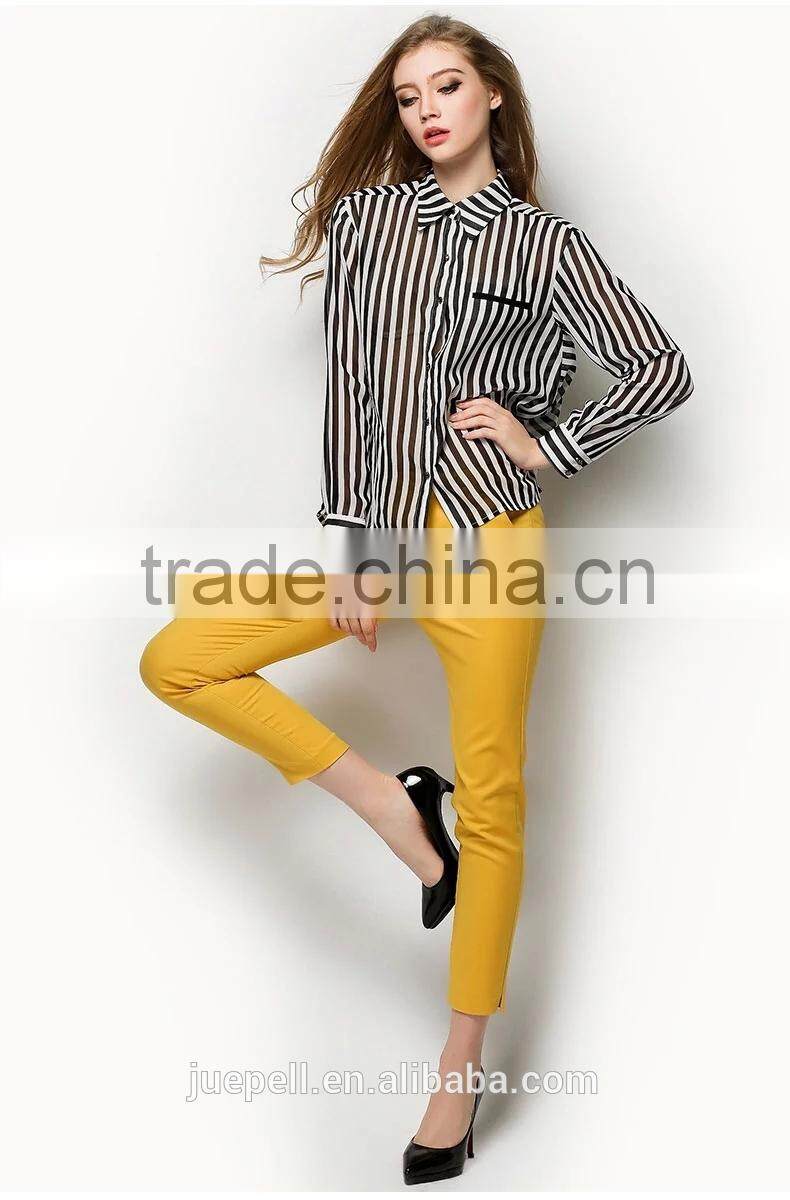 2015 Ladies' white and black stripe Long sleeve Chiffon Blouse for Summer