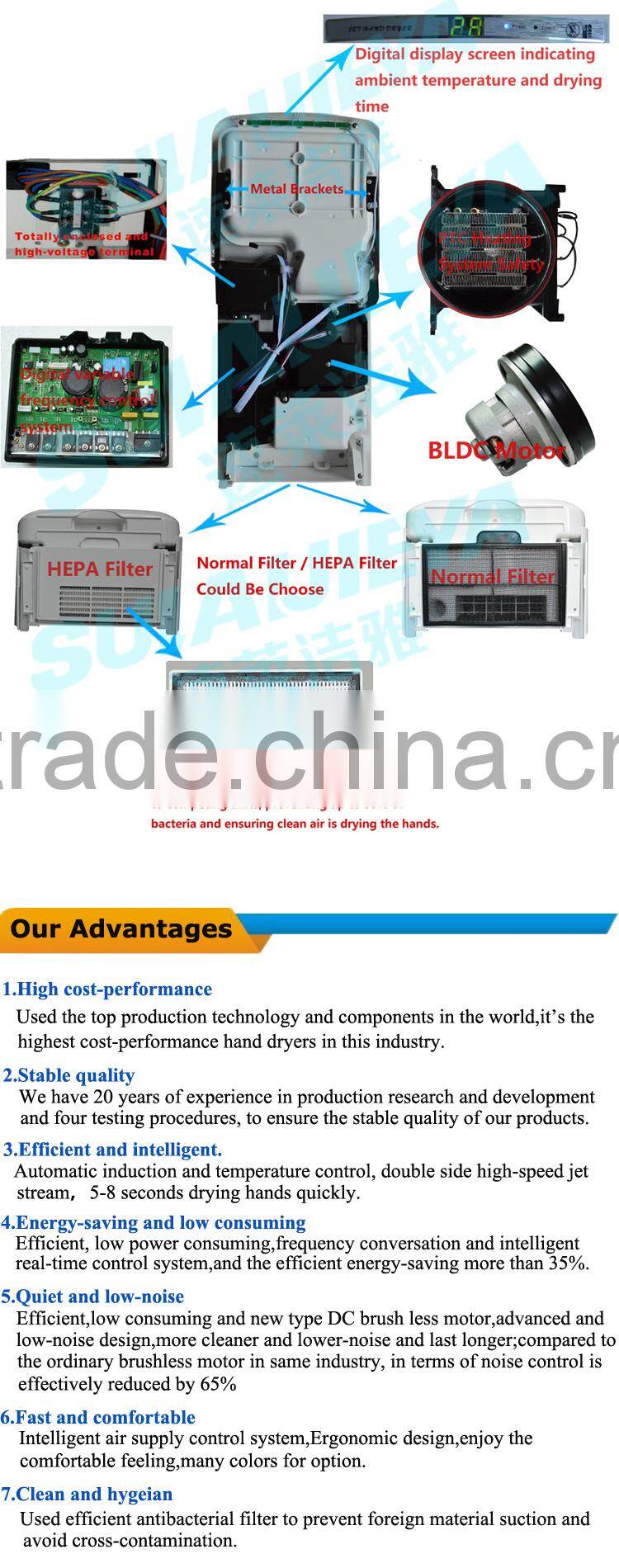 bathroom appliances wall mounted 304 stainless steel automatic high speed jet air hand dryer