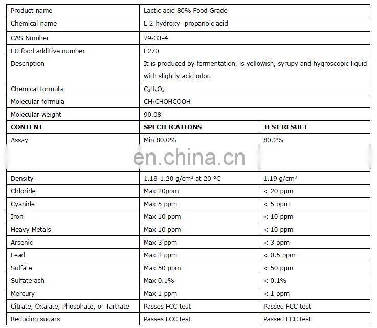 Wholesale organic lactic acid 80% food grade price