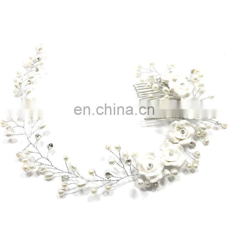 Bridal Wedding Crystal Bride Hair Accessories Pearl Flower Headband Handmade Hairband Beads Decoration Hair Comb