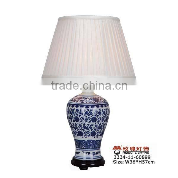 blue and white ceramic lamp with white chiffom shade