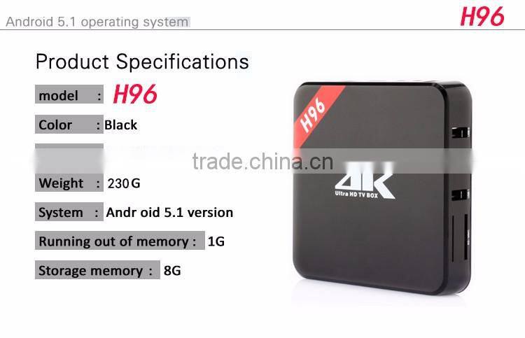 2016 factory hotsale Android TV Box IPTV Amlogic S905 Quad Core Android5.1 DDR3 1G 8G H96