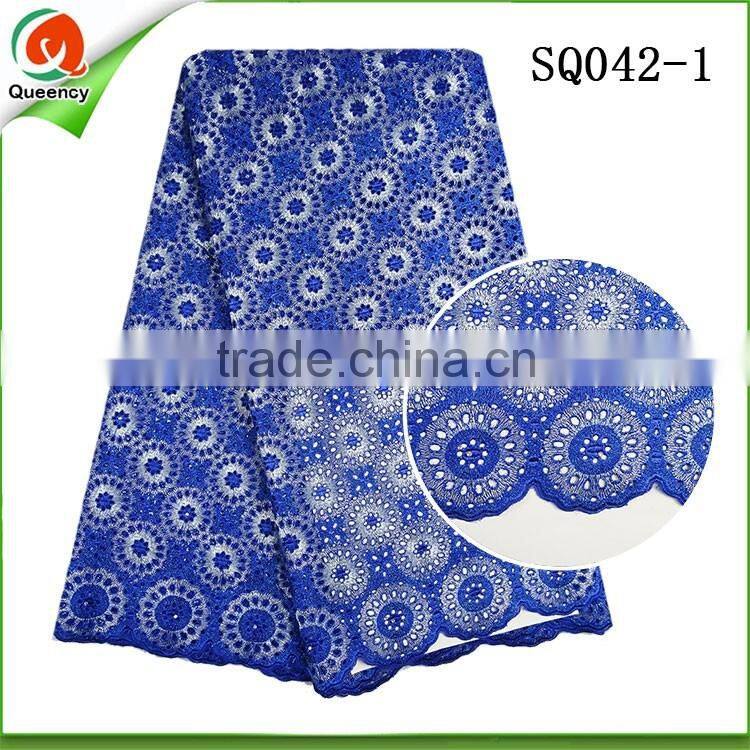 Swiss voile lace big 100% cotton lace 100 cotton dyeing fabric in royal blue