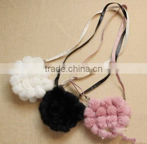 Lovely Design Unique Style Gather Rabbit Fur Pompoms Leather Chain Bags