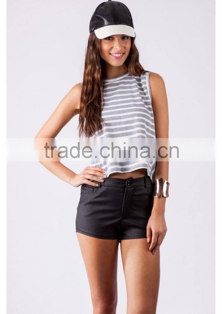 2016 women clothing, designer clothing manufacturers in china, private label women knitted sleeveless stripe top with split back
