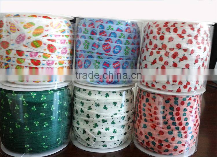 Wholesale print clover fold over elastic hair tie ,5/8'' FOE headband hairbands,50yards in spool