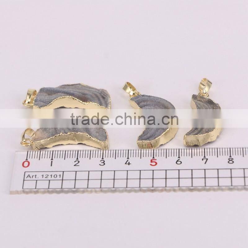 Natural Titanium AB Brazilian Galaxy Quartz Pendants, Crescent shape Gold plated Druzy Drusy Gem stone Pendant