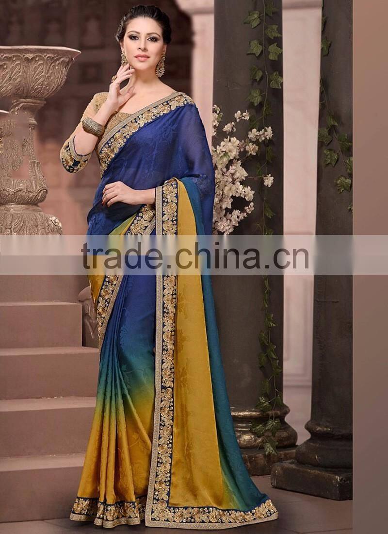 Blue Chiffon On Net Saree