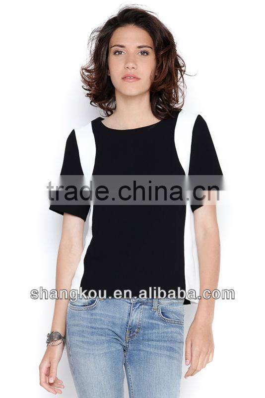 Contrast color Patchwork Women Casual Cheap Tshirt Ladies tops images Custom SHK64