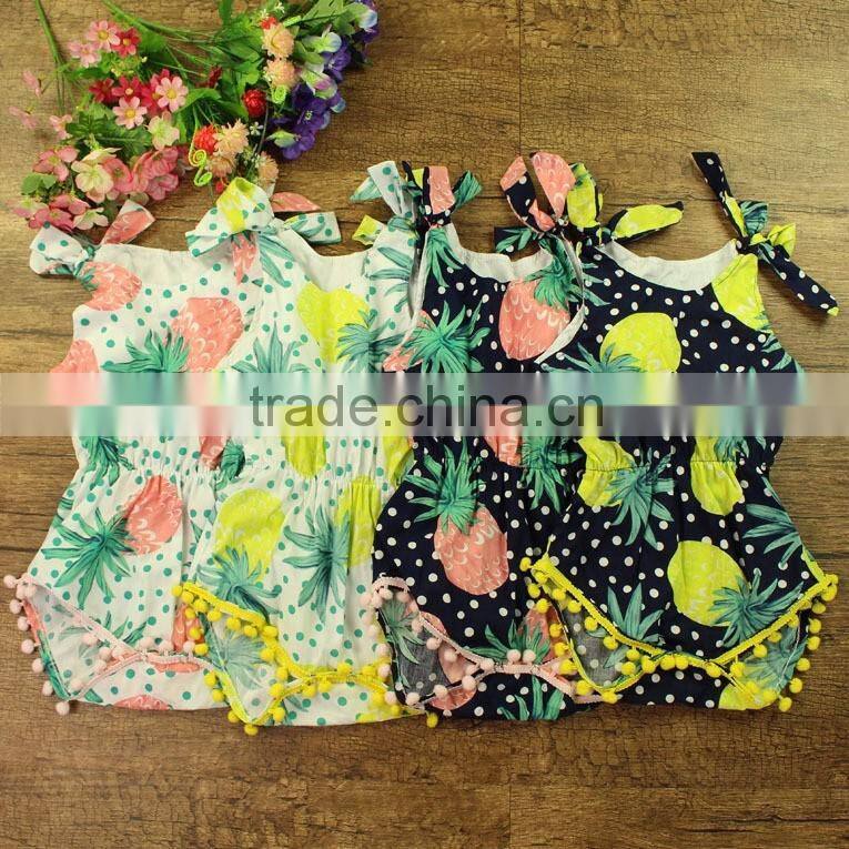 100% cotton toddler girl summer fruit print pom pom floral baby clothes romper first birthday pom girls jumpsuit